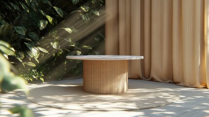Sunlit round table display, beige curtain, lush foliage backdrop; product showcase