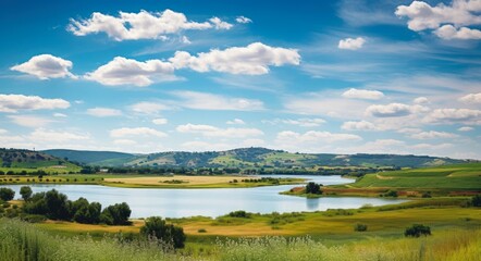 Obraz premium Captivating Scenery of Paso Robles - Stunning Landscape Views of Rivers, Fields, and Autumn Colors Amidst the Beauty of Nature and Blue Skies