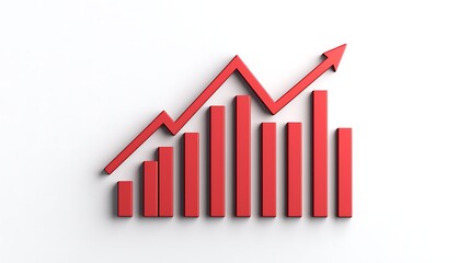 A dynamic red graph shows upward growth trends, with bar segments illustrating increasing performance over time against a plain background.