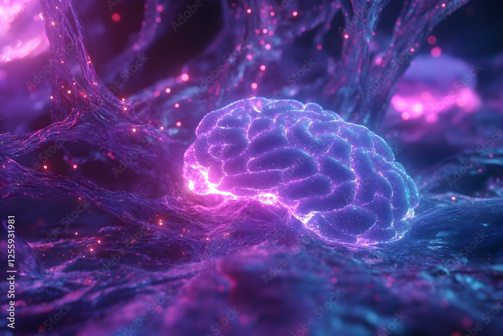 Poster Abstract Neon Brain Neural Network Concept in Digital Space
