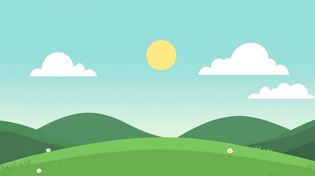 Sunny Day Rolling Hills Landscape With Flowers