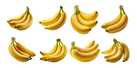 Fresh and Ripe Bananas in Various Arrangements on White Background, isolated on transparent background