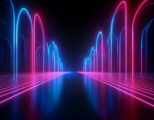 3d render, abstract panoramic background, neon light, glowing lines, round geometric shapes, ultraviolet spectrum, virtual reality, laser show