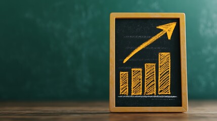 A chalkboard with a yellow upward graph and bar chart symbolizing growth and progress against a dark green background.