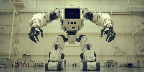 Giant robot in factory, future tech, industrial background