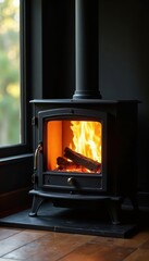 Luxury wood stove, burning embers, premium finish , fire, design, home