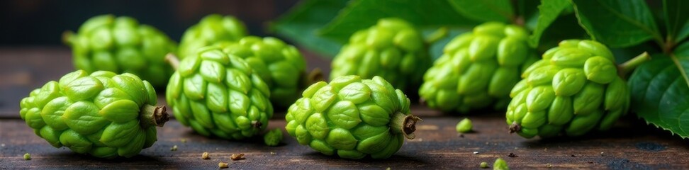 Obraz premium Lush green hop cones scattered on a dark wood surface , nature, countryside, harvesting