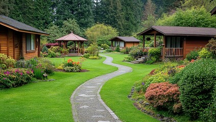 Fototapeta premium A lush, green lawn with colorful flowers, winding paths leading to small wooden cabins