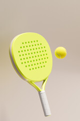 A vibrant yellow paddle padel tennis and ball, representing a playful moment in sports. 3d rendering