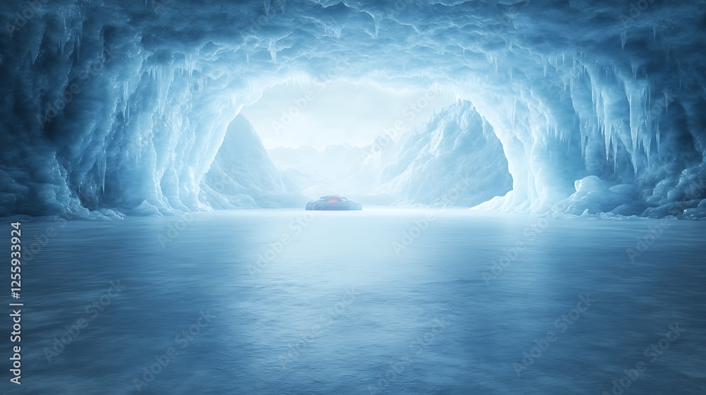 Aufkleber a serene icy cavern with a smooth, reflective surface and a glowing light in the distance, creating 