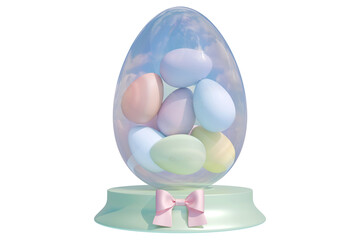 Easter egg display with pastel colored eggs inside a decorative glass egg. 3d rendering