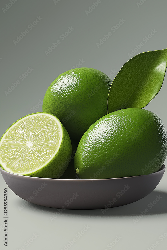 Poster fresh limes resting in a bowl with leaves showing vibrant green color