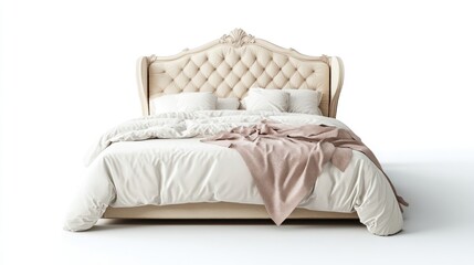 Elegant beige upholstered bed, white linens, bedroom, calm background, interior design