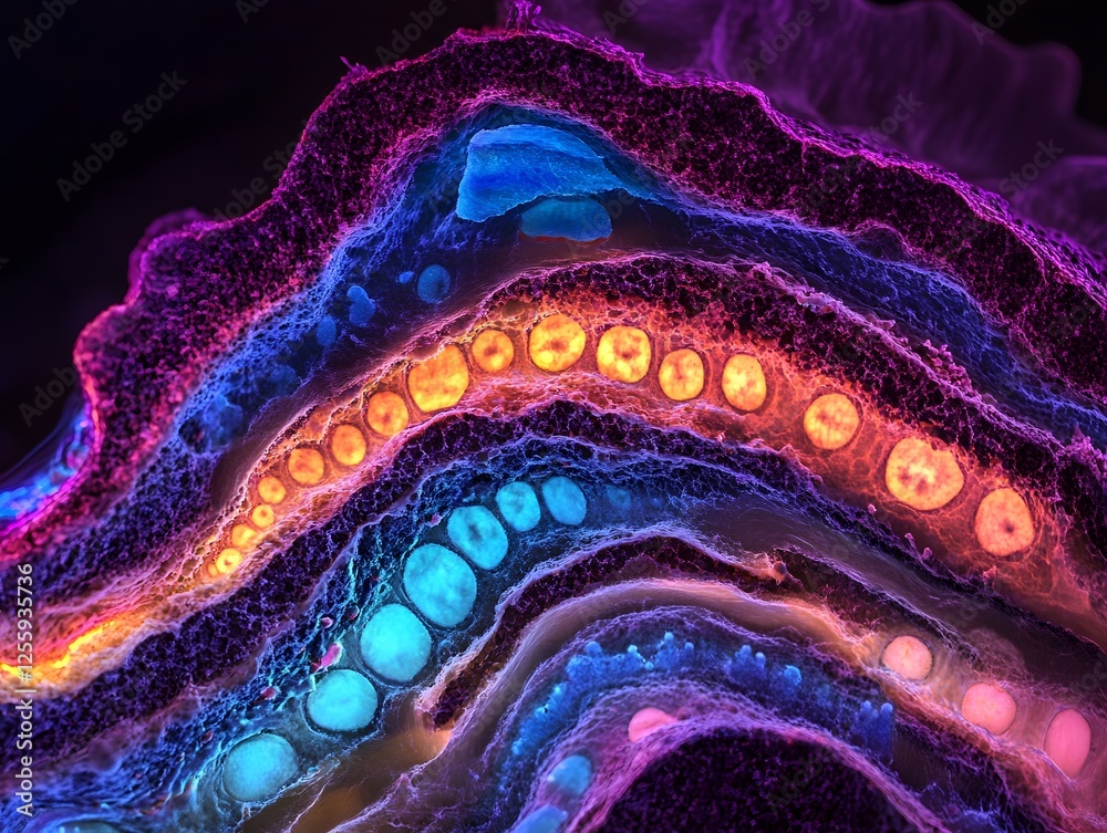 Poster colorful microstructure of biological tissue under microscope view