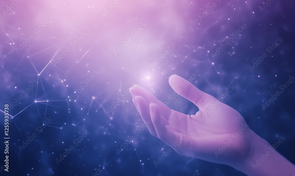 Poster a glowing hand reaches out into a cosmic space filled with stars and light, symbolizing connection a