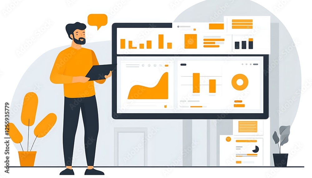 Poster man reviewing data analytics on a large screen.