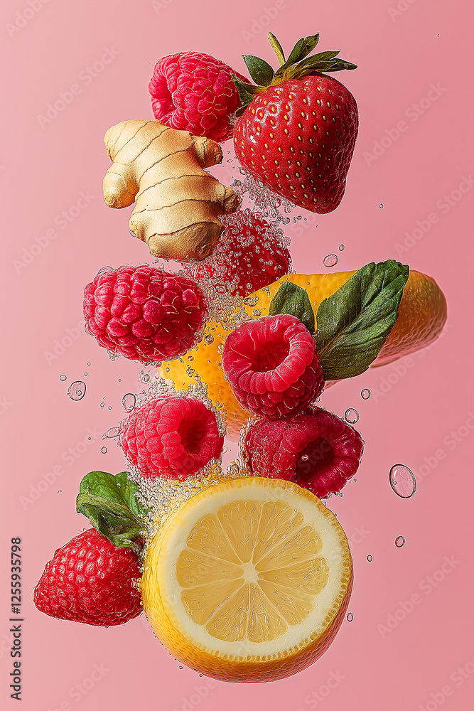 Poster fresh fruit slices and whole fruits submerged in sparkling water with bubbles
