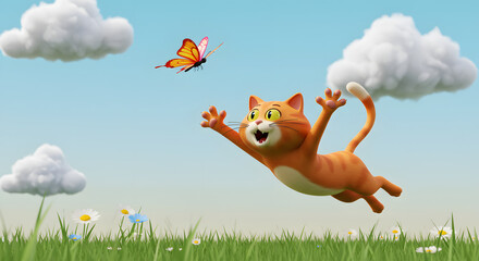Naklejka premium Cartoon Cat Chasing Butterfly in a Sunny Meadow Animation Scene