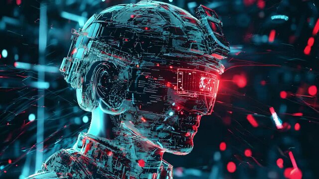 A holographic soldier engages with augmented reality technology in a dynamic digital landscape filled with abstract elements