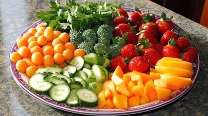 An assortment of fruits and vegetables is beautifully arranged on a decorative plate, surrounded by leafy greens and flowers. The composition emphasizes natural produce and healthy eating.