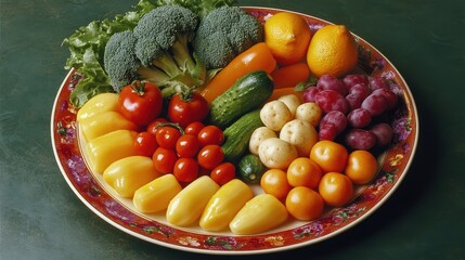 An assortment of fruits and vegetables is beautifully arranged on a decorative plate, surrounded by leafy greens and flowers. The composition emphasizes natural produce and healthy eating.
