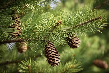 Close-up Shot of Douglas Fir Branch with Cones. Natural Decoration of Conifer Tree in a Green Park