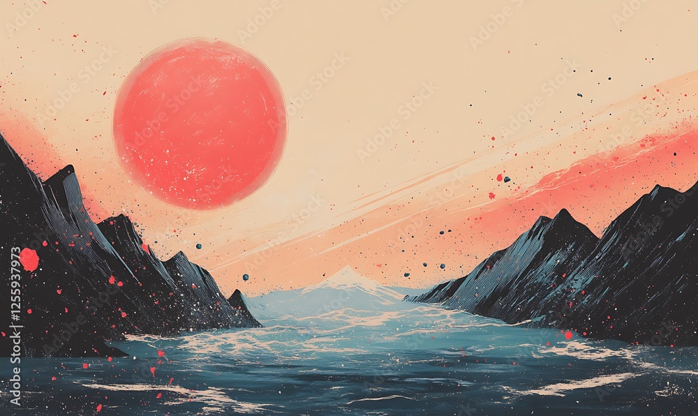 Poster a serene landscape featuring a large red sun setting over dark mountains and a calm sea, with a drea