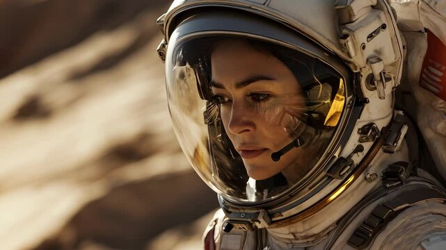An astronaut woman engaged in exploration on the surface of alien planet, showcasing a futuristic space suit amidst the desolate landscape