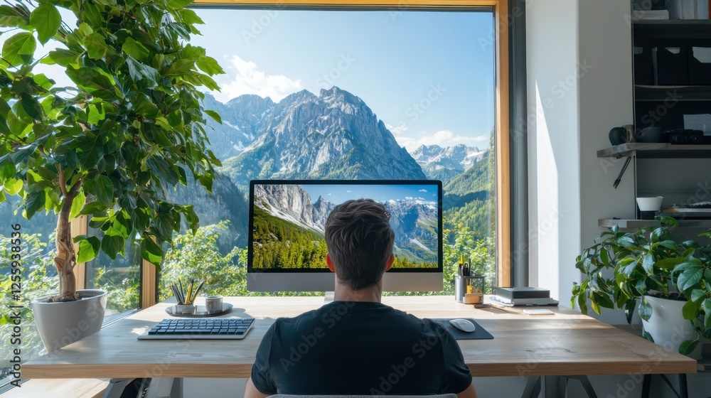 Poster inspiring workspace design with a monitor displaying nature mountain view modern office minimalistic