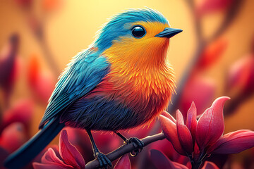 Colorful bird is perched on a branch of a red flower. The bird is blue and orange, and it is looking at the camera. The image has a bright and cheerful mood, with the vibrant colors of the bird