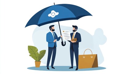 Business Deal Protected by Insurance: Illustration of Two Men Under Umbrella
