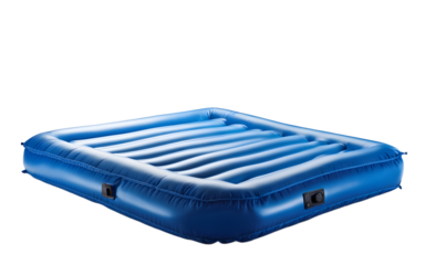 A beach-ready inflatable mattress in bright blue, isolated on a empty plain background