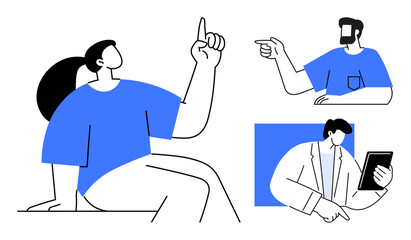 Three stylized characters interacting, making gestures, and using a tablet. Ideal for teamwork, communication, collaboration, idea sharing, education, presentations professional discussions