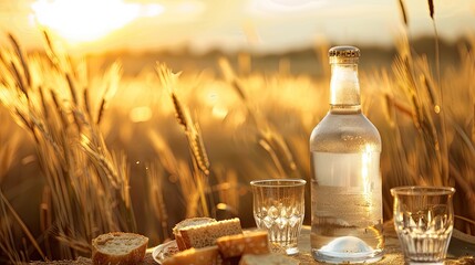 A bottle of vodka and two glasses on the table 