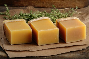 Handmade honey soap bars, thyme, rustic wood.  Perfect for bath, body care, spa, and wellness websites