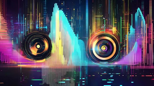 Sound waves and colorful patterns set against a bustling city skyline at night, creating a dynamic ambient atmosphere