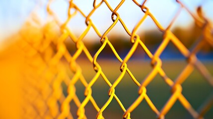 Fototapeta premium Close-up of a chain-link fence glistening in the golden hour light, with a blurred green background