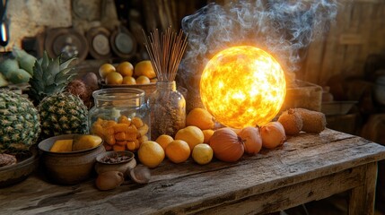 Glowing orb above exotic fruits on rustic table. Magical scene. Stock photo for fantasy, food, or occult themes
