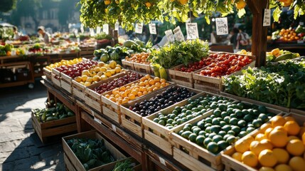 Vibrant seasonal produce market display with fresh fruits and vegetables outdoor farmer's market daytime setting urban environment colorful array