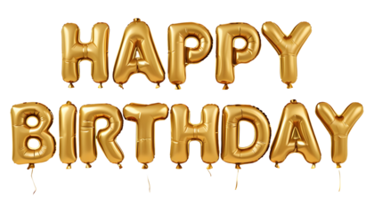 Gold Balloon Letters Spell Happy Birthday on a Transparent Background