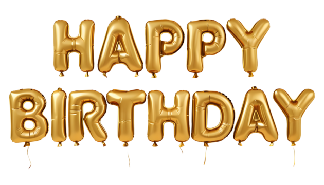 Gold Balloon Letters Spell Happy Birthday on a Transparent Background