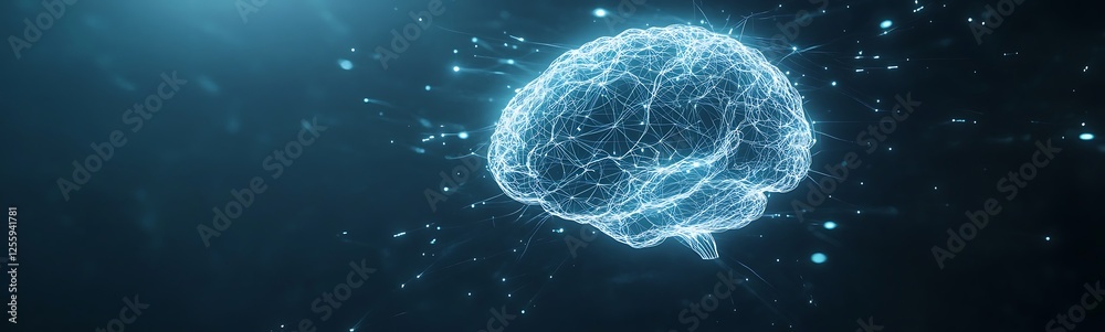 Poster a glowing, digital representation of a brain, surrounded by particles, symbolizing intelligence, tec