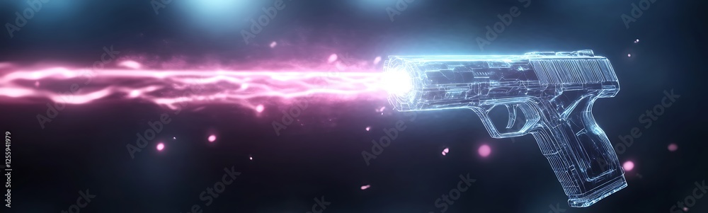Poster a futuristic digital representation of a handgun emitting a vibrant energy beam, highlighting themes