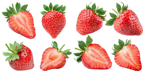Fresh Red Strawberries with Green Leaves on a White Background, isolated on transparent background