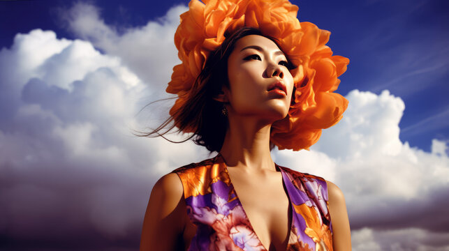 Asian Woman with Orange Flowers in Her Hair - Powered by Adobe
