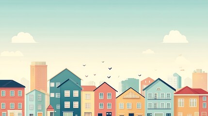 Colorful houses line a city street under a pastel sky