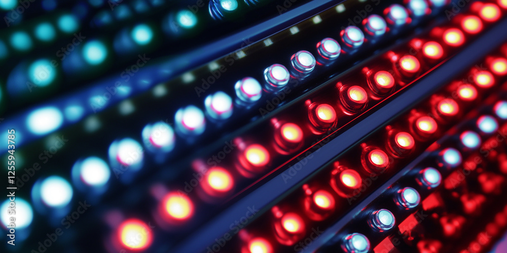 Poster rows of colorful led lights shining brightly in the dark