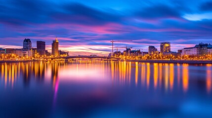 Obraz premium Serene twilight over a city skyline reflecting in a calm river, with vibrant color and light