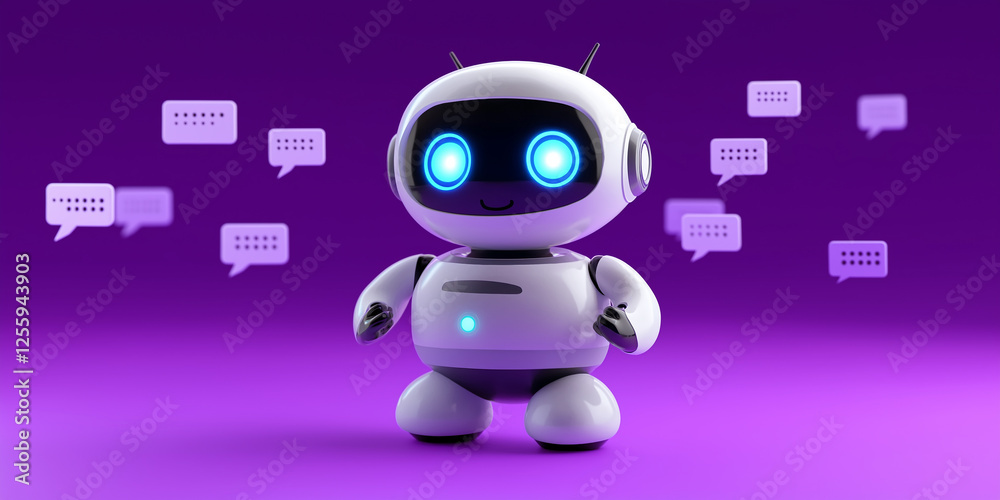 Poster cute robot interacting with chat messages on purple background