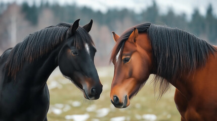 Two horses showing affection in winter landscape
